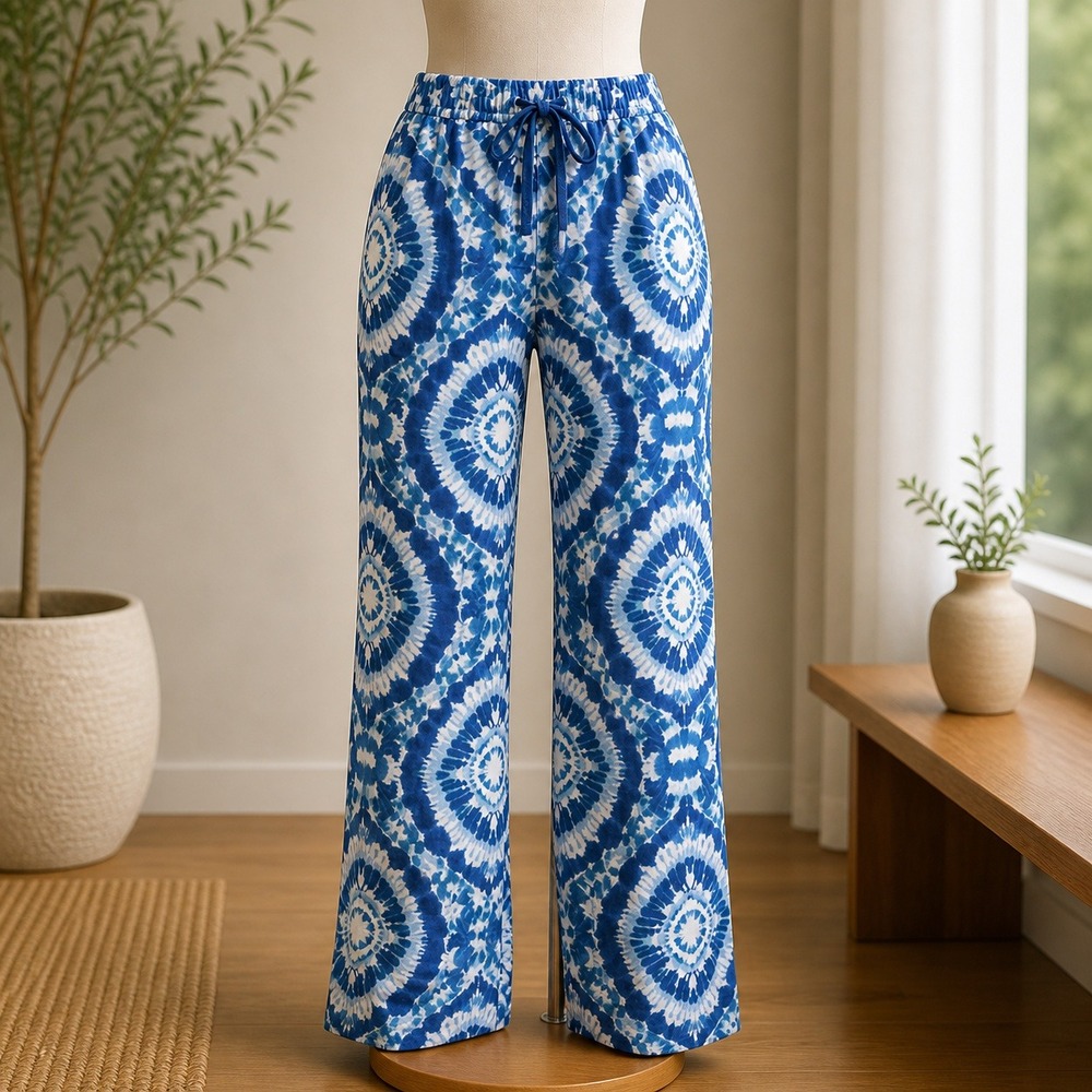 Belle Boho Kim Gravel Blue Tie Dye Medallion Wide Leg Pants Large Lounge Boho
